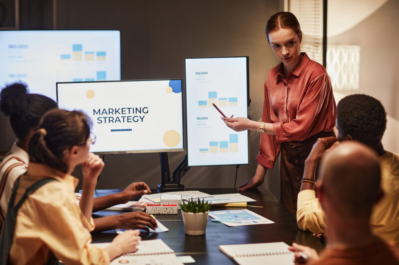 Young Businesswoman Explaining Strategy To Team young businesswoman explaining a marketing strategy to her team