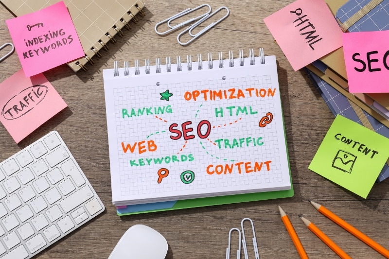 Keyboard, notepads with diagram and stationery on wooden background, top view SEO Audit – A Comprehensive Guide