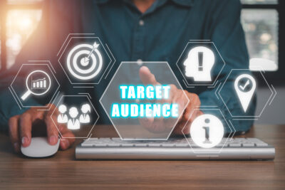 target audience graphic man using a computer with virtual screen