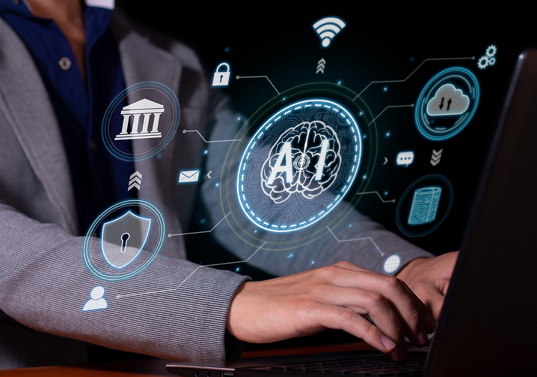 a-man-interacts-with-artificial-intelligence-to-op-2024-12-06-08-05-44-utc A man interacts with artificial intelligence to optimize and automate computing, security, backup, cloud and data transfer processes.